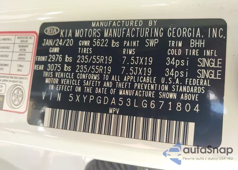 2020 Kia Sorento 3.3L S из США, поврежденный, VIN 5XYPGDA53LG671804